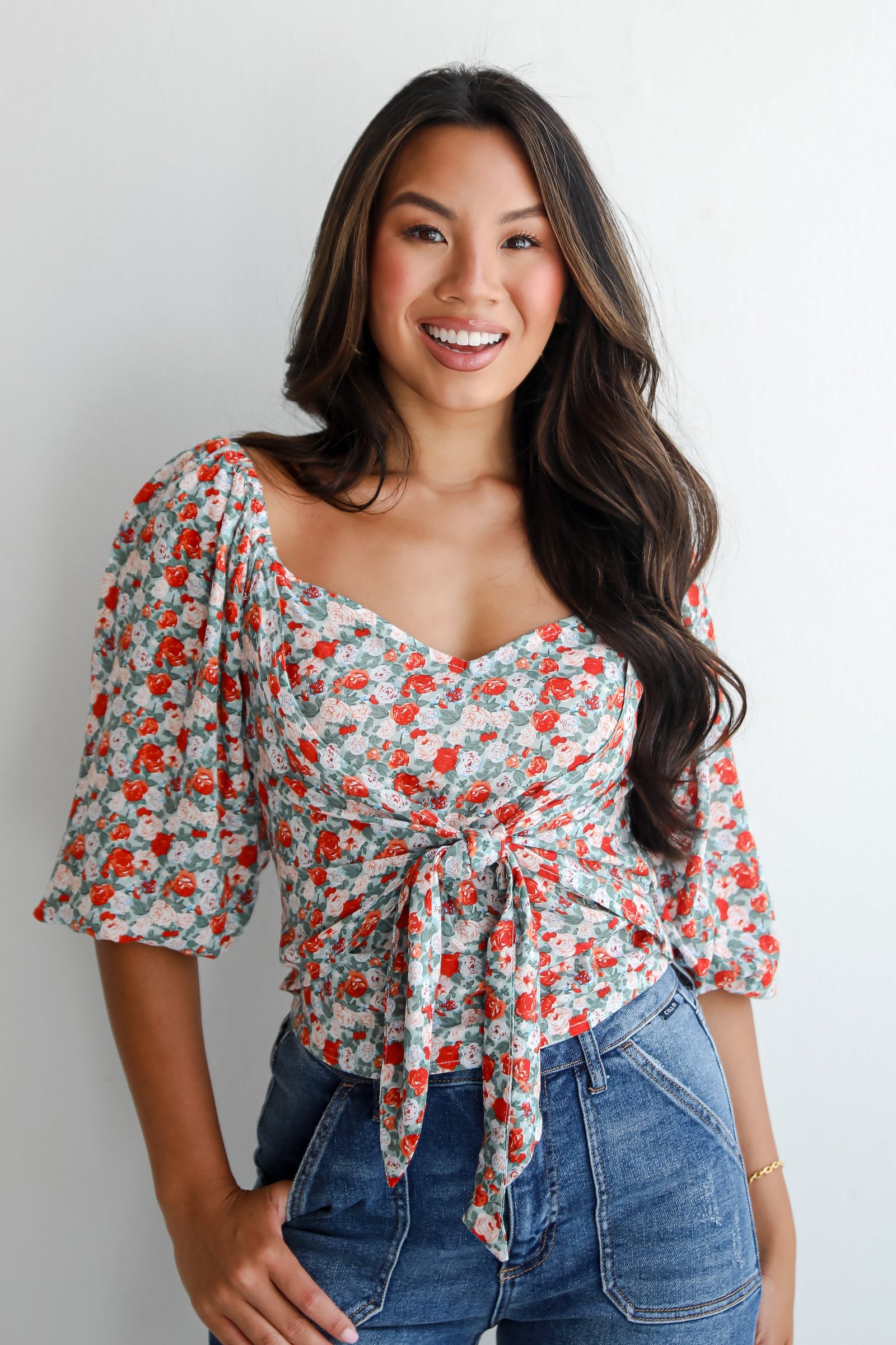 FINAL SALE - Lovely Attitude Sage Floral Cropped Blouse
